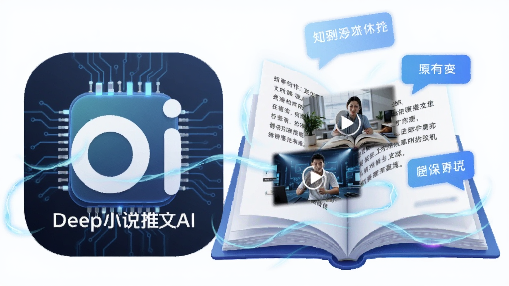 画面主体为“Deep小说推文AI”软件图标与展开的虚拟书页,书页上浮现出由文字转化而成的短视频画面和对话气泡,布局采用左中右对称结构,风格为清新科技插画,细节包含AI芯片纹理与流动光线,画质高清,干净无多余元素
