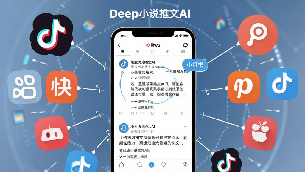 画面展示“Deep小说推文AI”界面中多个平台图标并列,抖音、快手、小红书等图标环绕手机屏幕,屏幕内显示不同排版格式的推文文案,布局呈环形放射状,风格为扁平化科技风,细节包含标签气泡与排版线条,画质高清,干净无多余元素