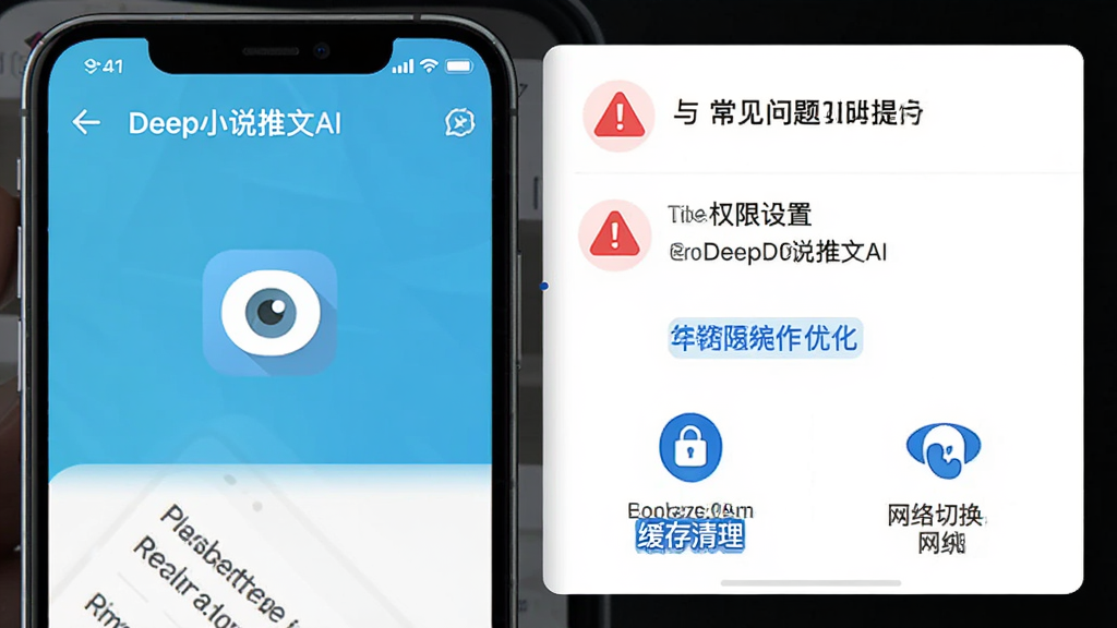 画面展示“Deep小说推文AI”手机界面与常见问题提示框,包含权限设置、缓存清理和网络切换图标,布局为上下分层结构,风格为简洁扁平化,细节包含红色警示标识与蓝色优化标签,画质高清,干净无多余元素