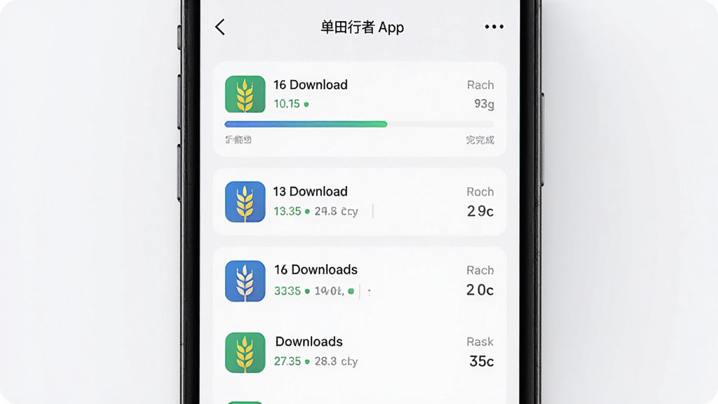 主体为一部智能手机屏幕,屏幕上显示麦田行者App的下载管理界面,布局采用居中展示,排版上进度条与已完成列表排列整齐,风格为科技感UI展示图,细节包含多个下载任务同时进行、速度数值跳动、图标带有麦穗元素,画质清晰,画面干净,无多余元素。