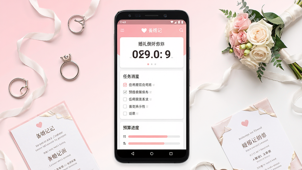 备婚记软件主界面展示,画面中央是一部安卓手机,屏幕上显示备婚记APP的首页,包含婚礼倒计时、任务清单、预算进度条等模块,背景是柔和的粉色与白色渐变,周围点缀婚礼元素如戒指、捧花、请柬,整体布局居中对称,风格清新简约,细节清晰可见,画质高清,干净,无多余元素