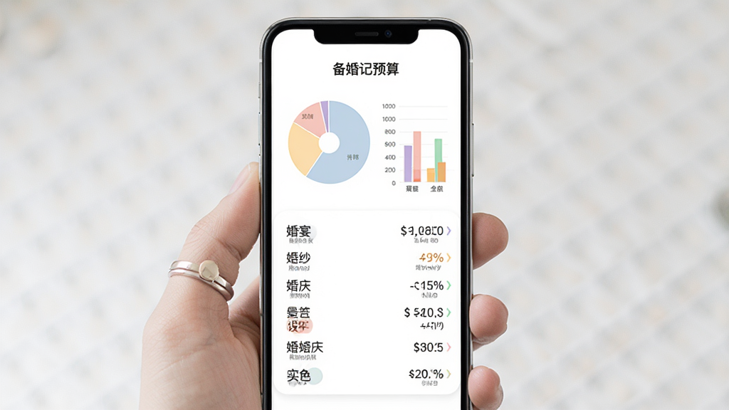 备婚记预算管理界面,手机屏幕显示彩色饼状图和柱状图,图表下方有分类开支列表,如婚宴、婚纱、婚庆等,每项显示金额和占比,背景为白色,图表颜色柔和,数据清晰,画质高清,干净,无多余元素