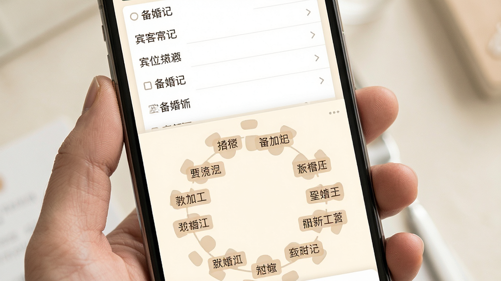 备婚记宾客名单与座位安排界面,手机屏幕上半部分显示宾客列表,下半部分显示圆形餐桌座位图,每个座位上有宾客姓名标签,界面风格温馨,背景为米白色,画质高清,无多余元素