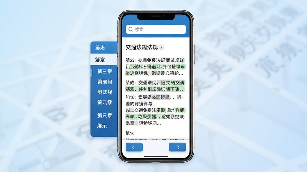 交通免费法规通法规详情页展示,画面中央是一部手机,屏幕显示交通法规条文内容,左侧有章节导航栏,右侧为正文区域,顶部有搜索栏,整体采用蓝白配色,背景为淡蓝色渐变,风格简洁商务,细节包括条文编号、高亮关键词、底部翻页按钮,画质清晰干净,无多余元素