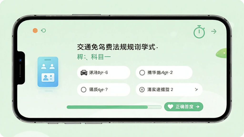 交通免费法规通驾考学习模式界面,画面展示手机屏幕上的科目一练习题,包含题目、选项和答题进度条,背景为浅绿色护眼色调,风格清新柔和,细节包括答题卡图标、计时器、正确答案提示,画质清晰干净,无多余元素
