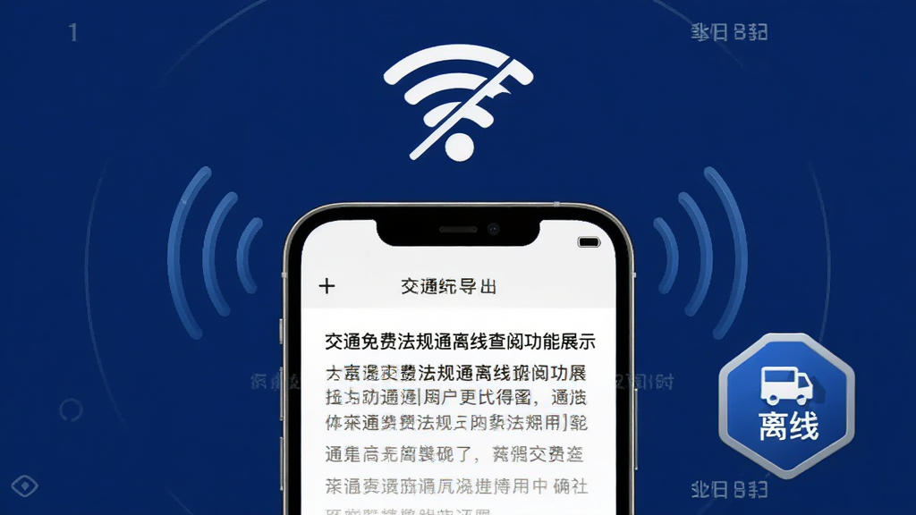 交通免费法规通离线查阅功能展示,画面中央是一部手机,屏幕显示法规内容正常加载,手机上方有一个带斜杠的WiFi图标表示无网络状态,背景为纯净的深蓝色,风格科技感简洁,细节包括手机周围的信号波纹、离线标识徽章,画质高清干净,无多余元素