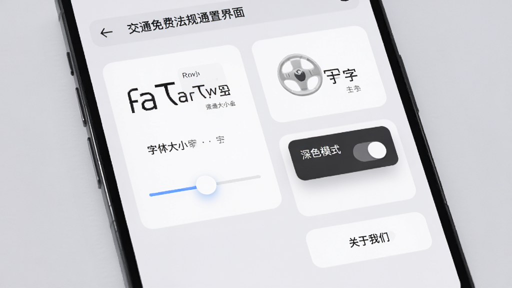 交通免费法规通设置界面展示,画面展示手机屏幕上的字体大小调节滑块和主题切换选项,界面采用卡片式布局,背景为柔和的浅灰色,风格简约现代,细节包括大中小字体预览效果、深色模式切换开关、关于我们入口,画质清晰干净,无多余元素