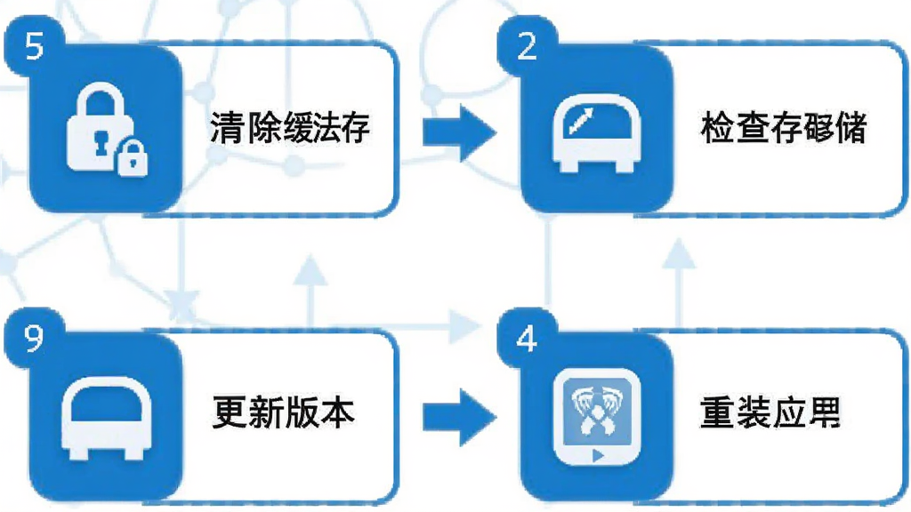 交通免费法规通问题排查流程图,画面以信息图形式展示手机应用故障排查步骤,包含清除缓存、检查存储、更新版本、重装应用四个步骤图标,采用蓝白配色,背景为白色,风格简洁信息图,细节包括步骤编号、箭头连接、图标说明文字,画质高清干净,无多余元素