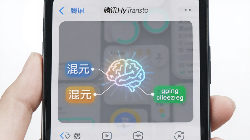 一部手机屏幕显示腾讯Hy翻译界面,画面中有一个发光的大脑图标连接着中文和英文文字块,象征混元大模型理解语义,整体布局简洁居中,风格科技明亮,细节清晰,画质干净,无多余元素