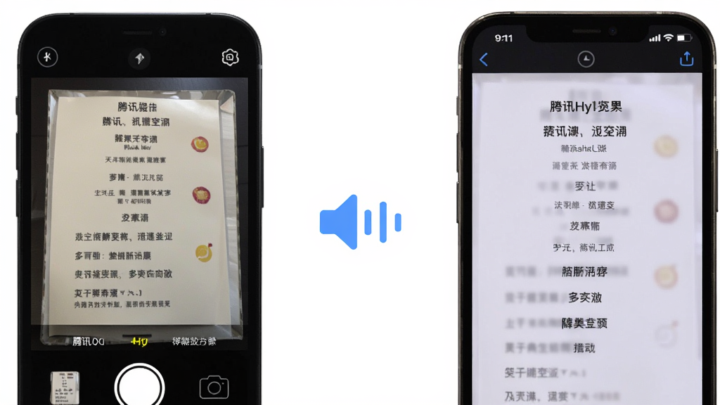一张展示腾讯Hy翻译功能的图片,画面左侧是手机对着外文菜单拍照,右侧是手机屏幕显示翻译后的中文菜单,中间有语音波形图标,布局左右对比,风格写实清晰,细节丰富,画质干净,无多余元素