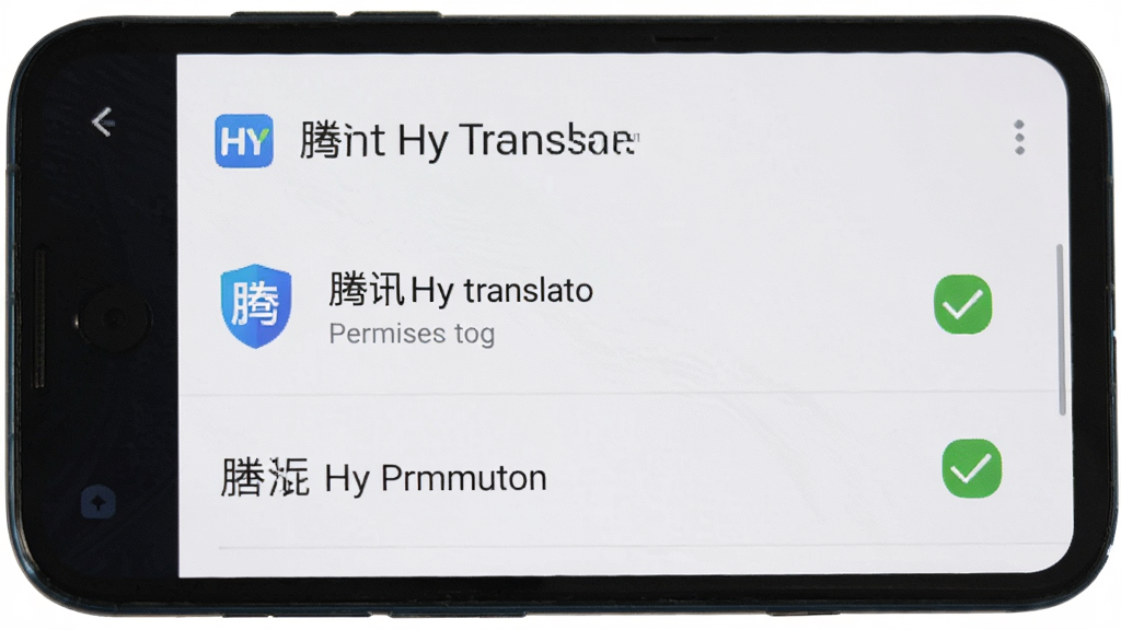 一部安卓手机显示腾讯Hy翻译的权限设置界面,旁边有盾牌图标和勾选标记,画面布局简洁,风格清爽,细节清晰,画质干净,无多余元素