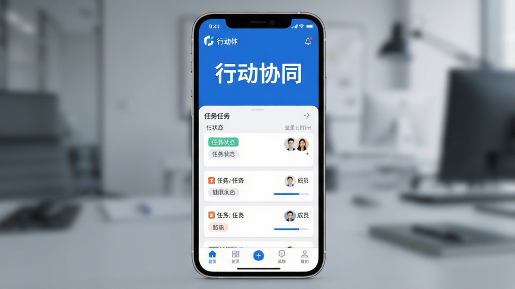 行动协同软件主界面全貌展示,主体为一部智能手机屏幕,屏幕中央呈现“行动协同”四个大字的品牌标识与蓝白配色的任务看板界面,布局为上方品牌区、中部任务卡片列表、底部导航栏,风格简洁商务科技感,细节包括任务状态标签、成员头像、进度条,画质高清,干净,无多余元素