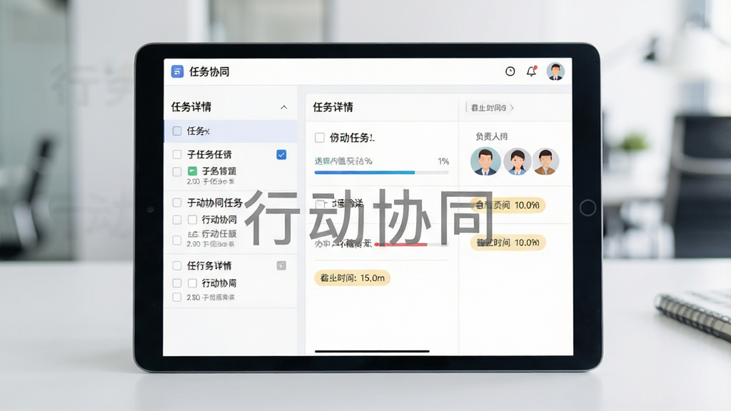 行动协同任务闭环管理界面,主体为平板电脑屏幕展示任务详情页,布局为左侧任务列表、右侧详情面板,风格扁平化商务设计,细节包括子任务勾选框、进度百分比、负责人头像、截止时间标签,画面中带有“行动协同”水印字样,画质清晰,干净,无多余元素