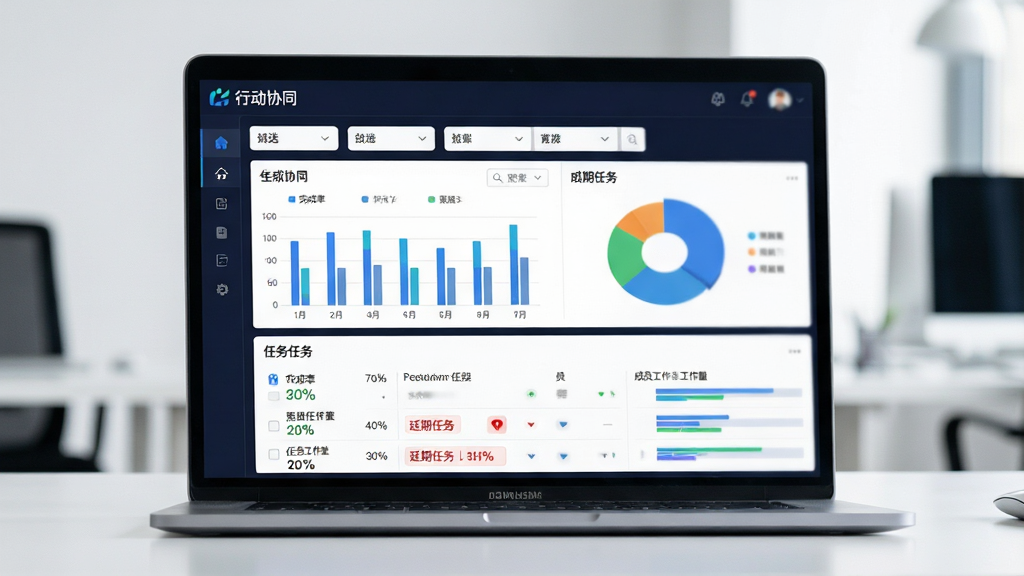 行动协同实时进度同步仪表盘,主体为笔记本电脑屏幕显示数据看板,布局为上方筛选栏、中部柱状图与饼图、下方任务列表,风格数据可视化科技风,细节包括完成率百分比、延期任务红色标记、成员工作量条形图,屏幕角落显示“行动协同”Logo,画质高清,干净,无多余元素
