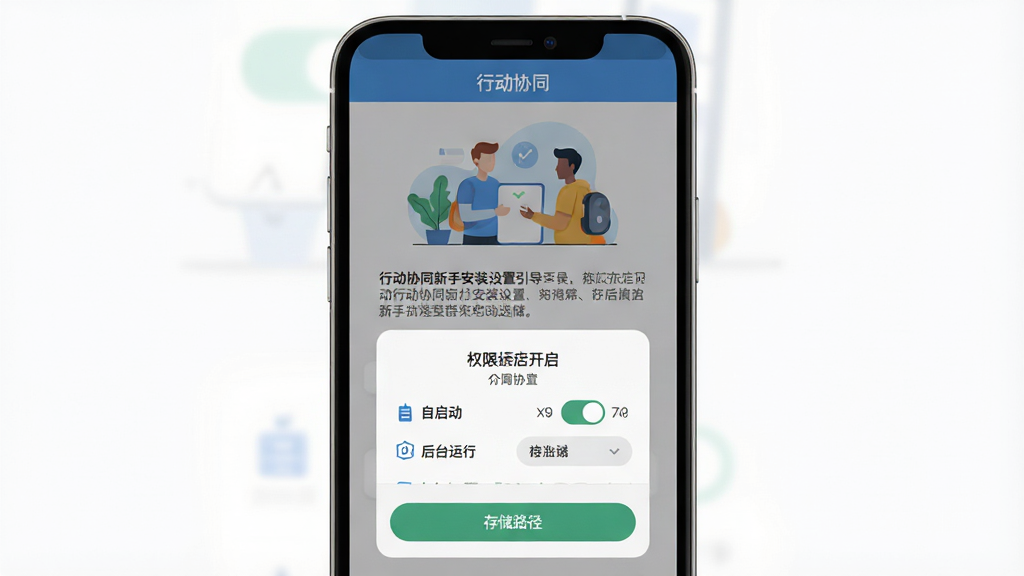 行动协同新手安装设置引导页面,主体为手机屏幕展示权限开启提示弹窗,布局为上方插图、中部文字说明、底部按钮,风格清新扁平化,细节包括自启动开关、后台运行图标、存储路径选择,屏幕上方显示“行动协同”名称,画质高清,干净,无多余元素
