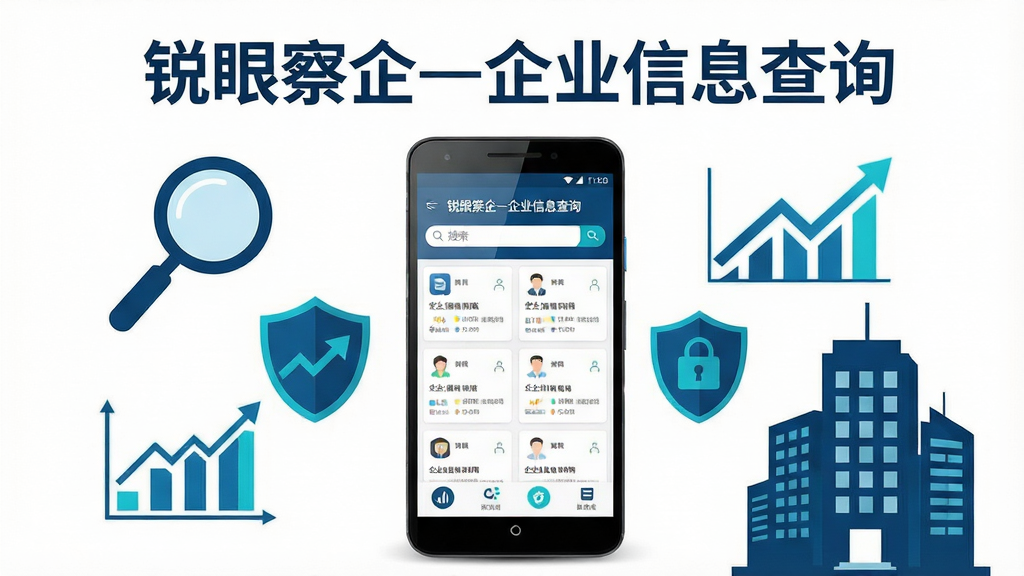 画面中央展示一部安卓手机,手机屏幕内呈现“锐眼察企-企业信息查询”应用主界面,界面包含搜索框与多家企业信息卡片列表,手机周围环绕放大镜、盾牌、数据折线图、企业大楼剪影等商业数据元素。整体布局采用居中构图,上方为应用名称“锐眼察企-企业信息查询”文字标题,中部为手机主体,底部排列功能图标。风格为现代扁平化科技风,色调以深蓝与青色为主,辅以白色背景。细节上手机屏幕有轻微反光,图标边缘清晰,数据图表呈现上升趋势。画质高清,画面干净,无多余元素。