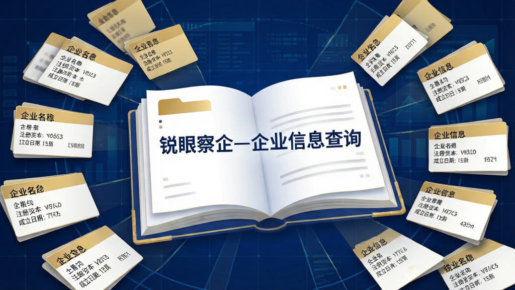 画面主体为一本摊开的巨大电子档案册,档案册页面中浮现出“锐眼察企-企业信息查询”字样,页面周围漂浮着大量企业信息卡片,每张卡片上有企业名称、注册资本、成立日期等字段。布局采用中心放射状构图,档案册位于画面正中,卡片呈扇形向外展开。风格为商务科技插画风,色调以深蓝、金色与白色为主。细节上卡片边缘有轻微阴影,文字清晰可辨,背景为抽象的数据网格。画质高清,画面干净,无多余元素。