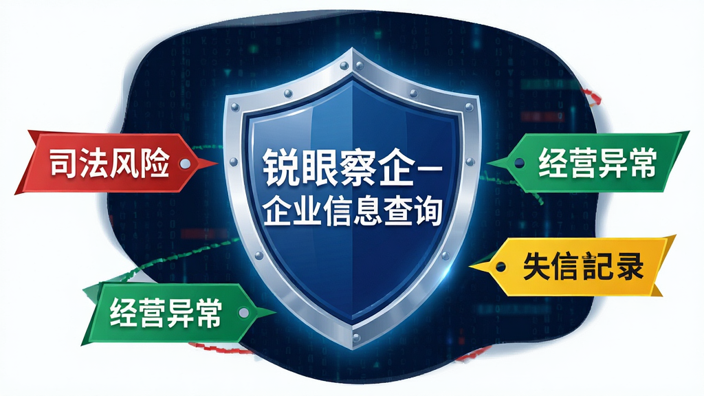 画面中央为一个发光的盾牌,盾牌表面显示“锐眼察企-企业信息查询”字样,盾牌周围环绕着红色警告标签、绿色安全标签、黄色提醒标签,标签上分别写有“司法风险”“经营异常”“失信记录”等文字。布局采用盾牌居中、标签环绕的构图方式。风格为扁平化安全主题插画风,色调以深蓝、红色、绿色与白色为主。细节上盾牌有金属质感,标签边缘锐利,背景为深色数据流。画质高清,画面干净,无多余元素。
