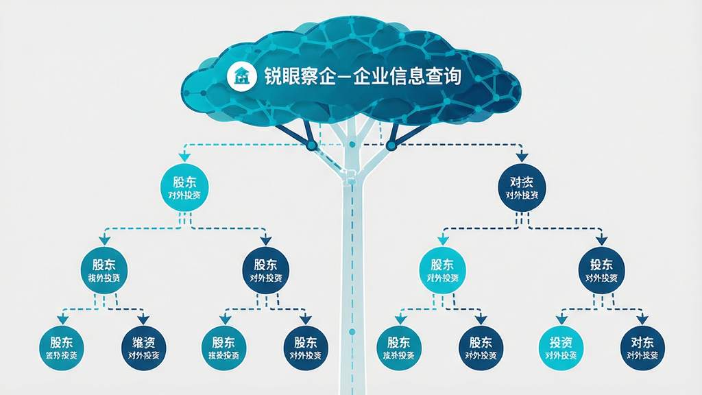 画面主体为一棵由线条和节点构成的股权结构树,树冠顶部节点标注“锐眼察企-企业信息查询”,树枝向下延伸连接多个股东节点与对外投资节点,节点之间有箭头指示控股关系。布局采用自上而下的树状构图。风格为极简数据可视化风格,色调以青色、深蓝与白色为主。细节上节点为圆形,连线为虚线,文字标注清晰,背景为浅灰色。画质高清,画面干净,无多余元素。