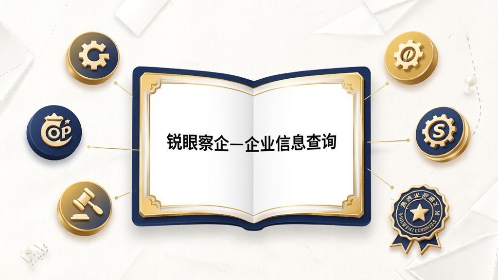 画面中央为一本打开的知识产权证书,证书上印有“锐眼察企-企业信息查询”字样,证书周围漂浮着商标图标、专利图标、著作权图标与资质印章。布局采用证书居中、图标环绕的构图方式。风格为商务简约插画风,色调以金色、深蓝与白色为主。细节上证书有烫金边框,图标立体感强,背景为浅色纹理。画质高清,画面干净,无多余元素。
