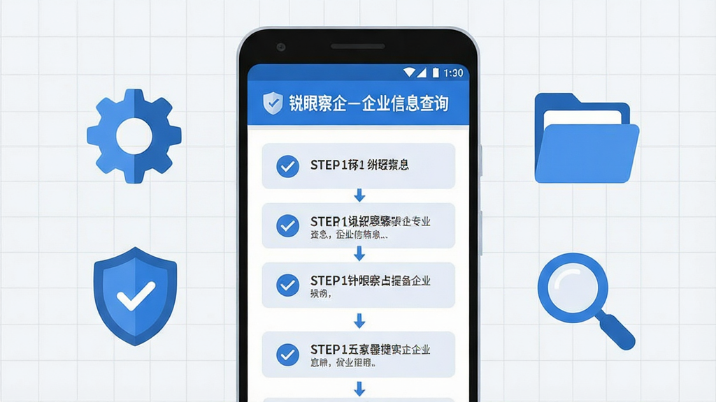 画面中央展示一部安卓手机,手机屏幕显示“锐眼察企-企业信息查询”应用的使用指南界面,界面上有步骤编号、勾选图标与提示文字框。手机左侧漂浮着设置齿轮图标与盾牌安全图标,右侧漂浮着文件夹与放大镜图标。布局采用手机居中、图标两侧对称的构图方式。风格为扁平化教程插画风,色调以蓝色、白色与浅灰色为主。细节上手机屏幕有步骤指引箭头,图标边缘圆润,背景为浅色网格。画质高清,画面干净,无多余元素。