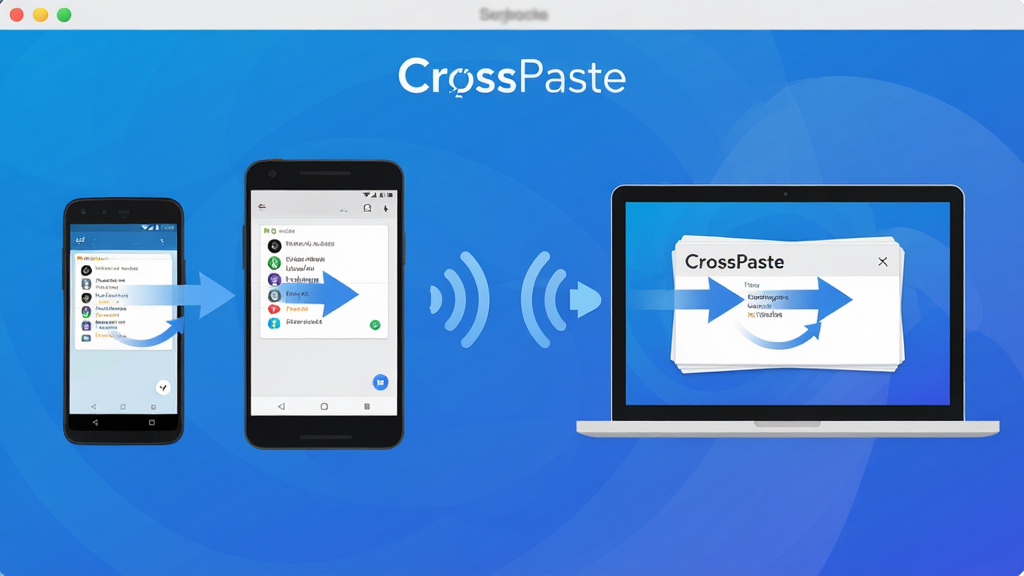 CrossPaste 软件主界面展示,画面中央是手机与电脑通过无线信号连接的示意图,两侧分别显示安卓手机和笔记本电脑屏幕,屏幕上有剪贴板内容同步的箭头动画,布局为左右对称构图,排版简洁清晰,风格为扁平化科技风,细节包括蓝色渐变背景、设备图标、同步箭头、剪贴板文字卡片,画质高清,干净,无多余元素