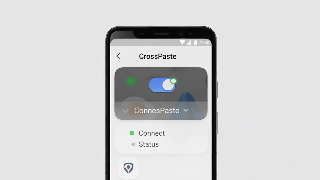 CrossPaste 轻量无广告界面展示,画面中央是一部安卓手机,屏幕上显示 CrossPaste 的简洁主界面,界面中有同步开关和连接状态指示,背景为纯色浅灰,布局为居中构图,排版干净,风格为极简 UI 设计风,细节包括圆角图标、状态指示灯、简洁文字标签,画质高清,干净,无多余元素