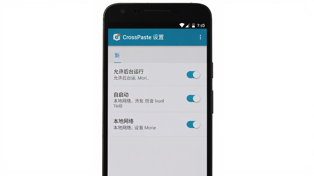 CrossPaste 新手设置界面截图,画面中一部安卓手机显示 CrossPaste 的权限设置页面,页面上有「允许后台运行」「自启动」「本地网络」等开关选项,布局为手机屏幕居中,排版为列表式,风格为真实 UI 截图风,细节包括开关按钮、文字说明、系统设置图标,画质高清,干净,无多余元素