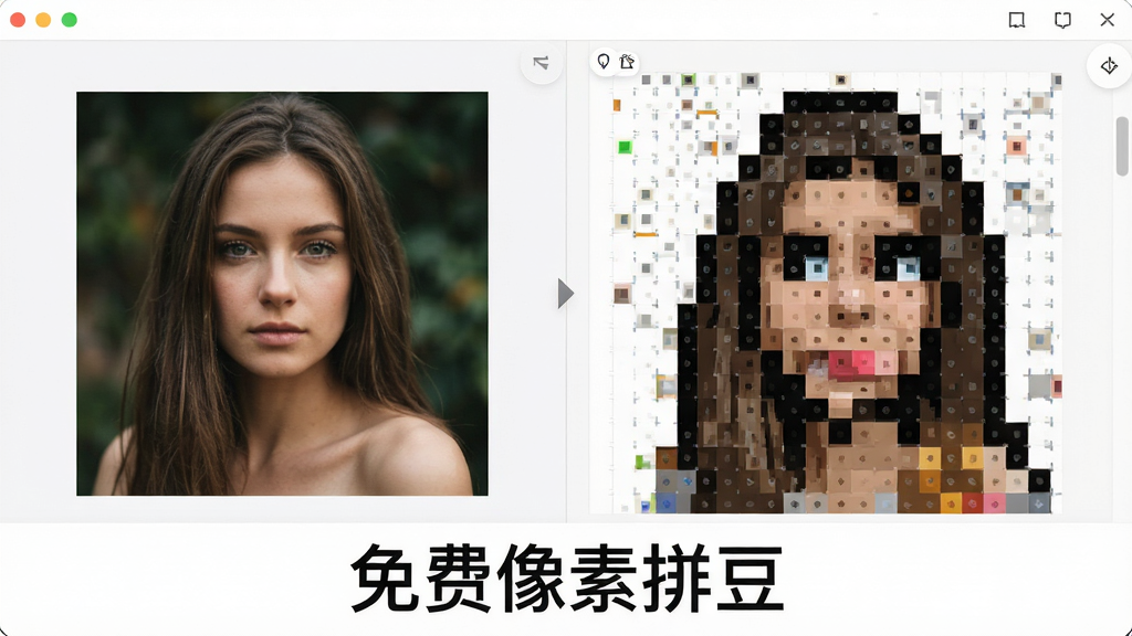 免费像素拼豆软件主界面预览图,画面中央展示一张正在转换的像素拼豆图纸,左侧是原图照片,右侧是马赛克风格像素格子,底部有“免费像素拼豆”文字标识,整体布局清晰,风格简约明亮,细节丰富,高清画质,干净无多余元素