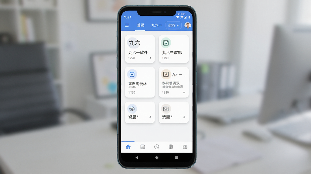 九六一软件主界面展示,主体为一部安卓手机屏幕,屏幕中显示九六一应用首页,布局包含顶部状态栏、中部功能卡片区与底部导航栏,排版整洁清晰,风格为现代简约商务风,细节上卡片带有轻微圆角与柔和阴影,画质高清,干净,无多余元素