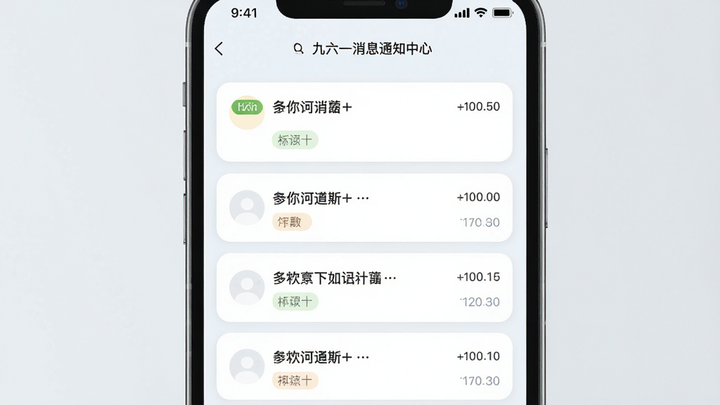 九六一消息通知中心界面,主体为手机屏幕展示消息列表,布局为纵向排列的通知卡片,排版清晰,风格柔和浅色系,细节包含未读标记、时间戳与分类标签,画质高清,干净,无多余元素