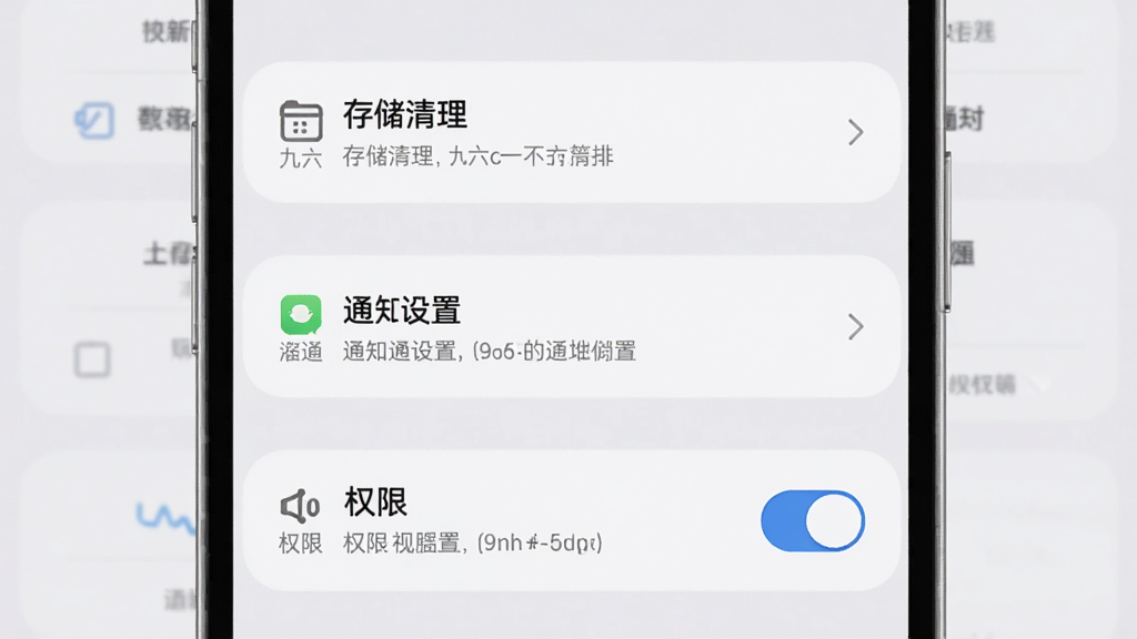 九六一使用技巧示意图,主体为手机屏幕展示设置界面,布局为纵向列表,排版清晰,风格简洁浅灰质感,细节包含存储清理、通知设置与权限开关等选项,画质高清,干净,无多余元素
