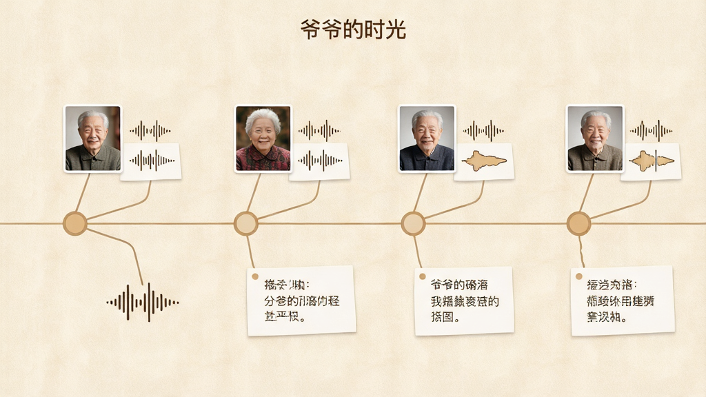 一张横向展开的时间轴界面截图,时间轴上分布着多个圆形节点,每个节点连接着爷爷的照片、语音波形图标和文字便签,背景是淡米色纹理,顶部有“爷爷的时光”应用名称,整体风格温馨简约,布局清晰,画质高清,干净无多余元素