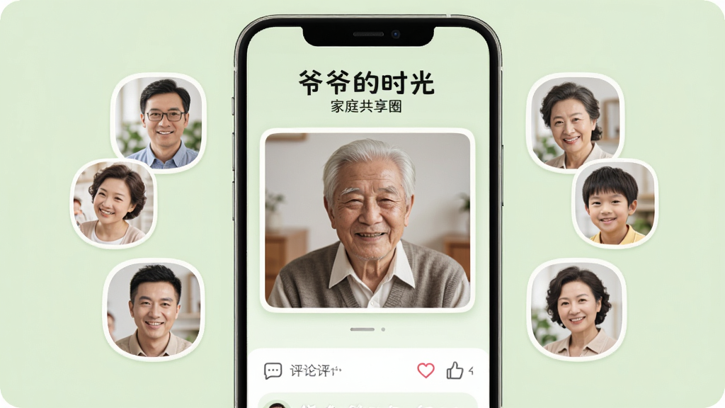 一部手机屏幕中显示“爷爷的时光”家庭共享圈界面,画面中有多位家庭成员的头像围绕着一张爷爷的合影,下方有评论和点赞图标,背景是柔和的浅绿色,整体风格亲切自然,布局对称,画质高清,干净无多余元素