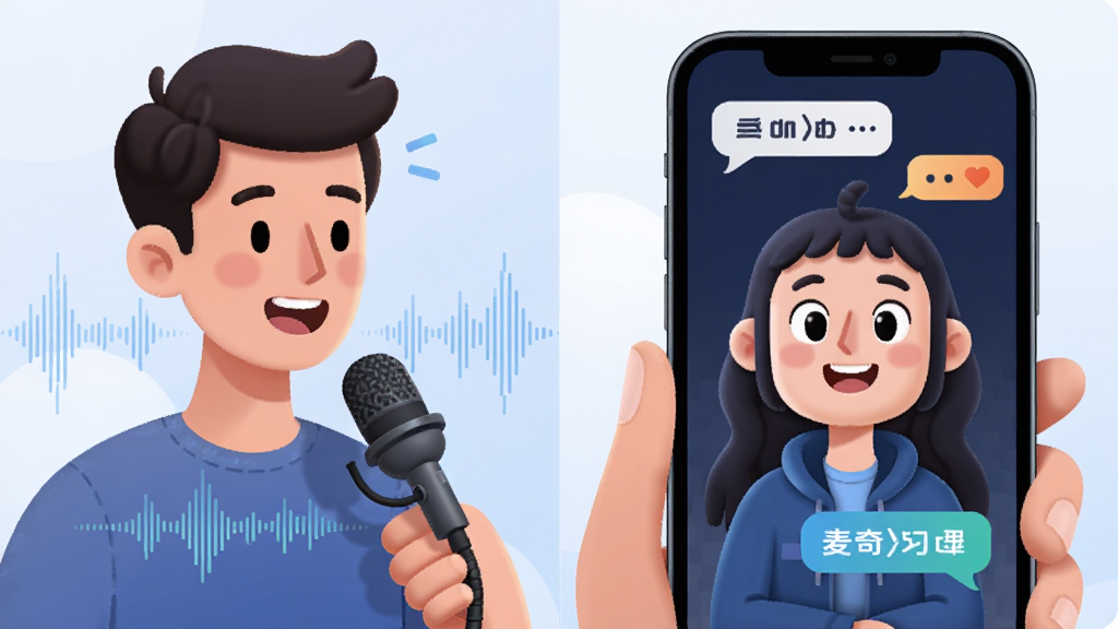 麦奇说智能语音对话场景,画面主体是用户手持手机对着麦克风说话,手机屏幕中麦奇说角色正在微笑回应,布局采用左右分镜左侧为用户右侧为手机界面,排版突出语音波形和对话气泡,风格为现代科技感插画,细节包含声波纹理、彩色对话气泡、角色生动的表情,画质高清干净无多余元素