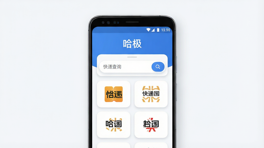 一张展示哈极软件核心功能的整体预览图,主体为一部安卓手机屏幕,屏幕中央显示哈极软件的主界面,界面上方有“哈极”字样,界面包含快递查询输入框和多个快递公司图标,布局简洁清晰,排版为竖版手机展示,风格为现代扁平化UI设计,细节包括圆角卡片、柔和阴影、蓝白配色,画质高清,画面干净,无多余元素