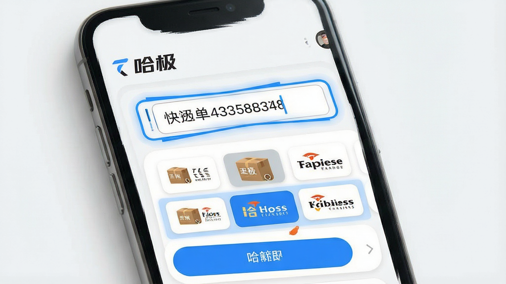一张展示哈极软件快递智能识别功能的界面截图风格图片,主体为手机屏幕中显示“哈极”软件界面,屏幕中央有一个输入框,输入框内已填入一串快递单号,下方自动弹出多个快递公司图标并高亮显示匹配结果,布局为竖版手机界面,排版上下结构,风格为清新简约的移动端UI,细节包括蓝色高亮边框、快递图标、圆角按钮,画质高清,画面干净,无多余元素