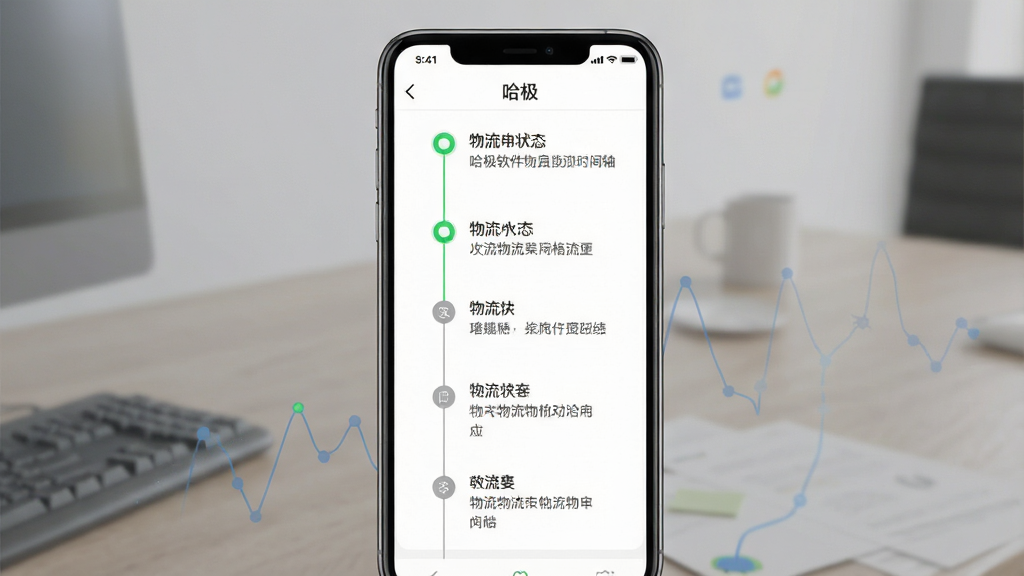 一张展示哈极软件物流轨迹时间轴功能的界面图,主体为手机屏幕显示“哈极”软件物流详情页,屏幕中有一条垂直时间轴,时间轴上分布多个节点,每个节点旁有文字描述物流状态,布局为竖版列表式排版,风格为简洁商务风,细节包括绿色已完成节点、灰色未完成节点、细线连接,画质高清,画面干净,无多余元素