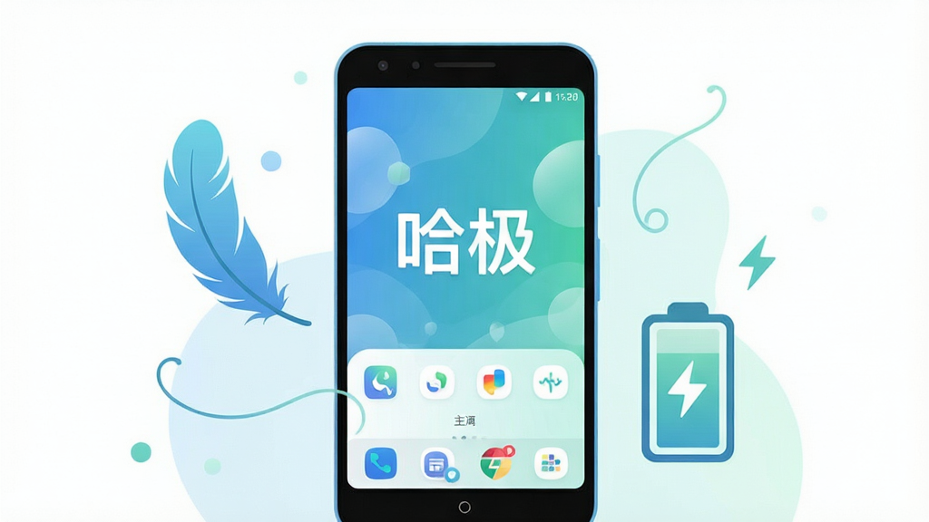 一张展示哈极软件轻量省电特性的概念图,主体为一部安卓手机,手机屏幕显示“哈极”软件主界面,屏幕旁有轻盈的羽毛和电池图标作为装饰元素,布局为居中构图,排版简洁,风格为扁平化插画风,细节包括蓝绿色调、柔和渐变、圆角元素,画质高清,画面干净,无多余元素