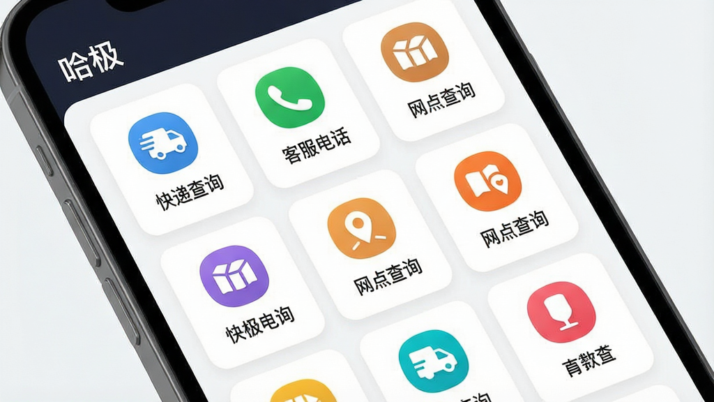 一张展示哈极软件便民查询功能模块的界面图,主体为手机屏幕显示“哈极”软件功能列表页,屏幕中排列多个功能图标和文字标签,包含“快递查询”“客服电话”“网点查询”等字样,布局为网格状排版,风格为现代简约UI,细节包括彩色图标、白色背景卡片、圆角矩形,画质高清,画面干净,无多余元素