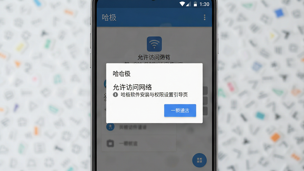 一张展示哈极软件安装与权限设置引导页的界面图,主体为手机屏幕显示“哈极”软件首次启动的权限请求弹窗,弹窗中包含“允许访问网络”等字样,布局为竖版手机界面,排版居中弹窗式,风格为安卓原生Material Design,细节包括蓝色按钮、白色弹窗卡片、半透明背景遮罩,画质高清,画面干净,无多余元素