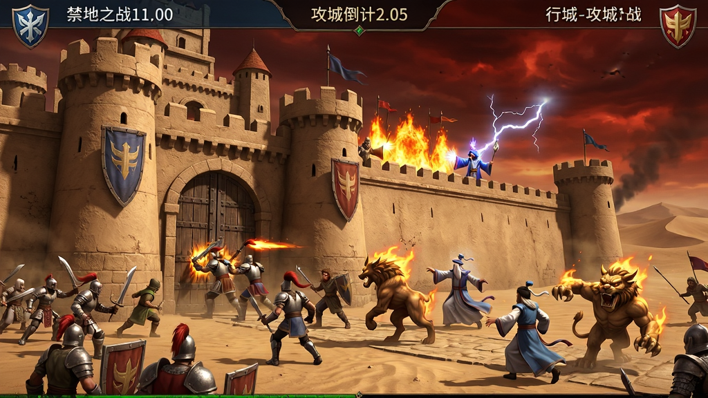 禁地之战沙巴克攻城战预览图,画面呈现一座宏伟的沙漠城堡,城墙上下挤满了不同职业的角色,战士正在撞击城门,法师在后方释放火墙与雷电,道士召唤神兽冲锋,画面顶部显示攻城倒计时与双方行会名称,天空被战火染成暗红色,画面风格为史诗奇幻写实,构图宏大,细节丰富,画质高清,无多余UI遮挡主体战斗场景