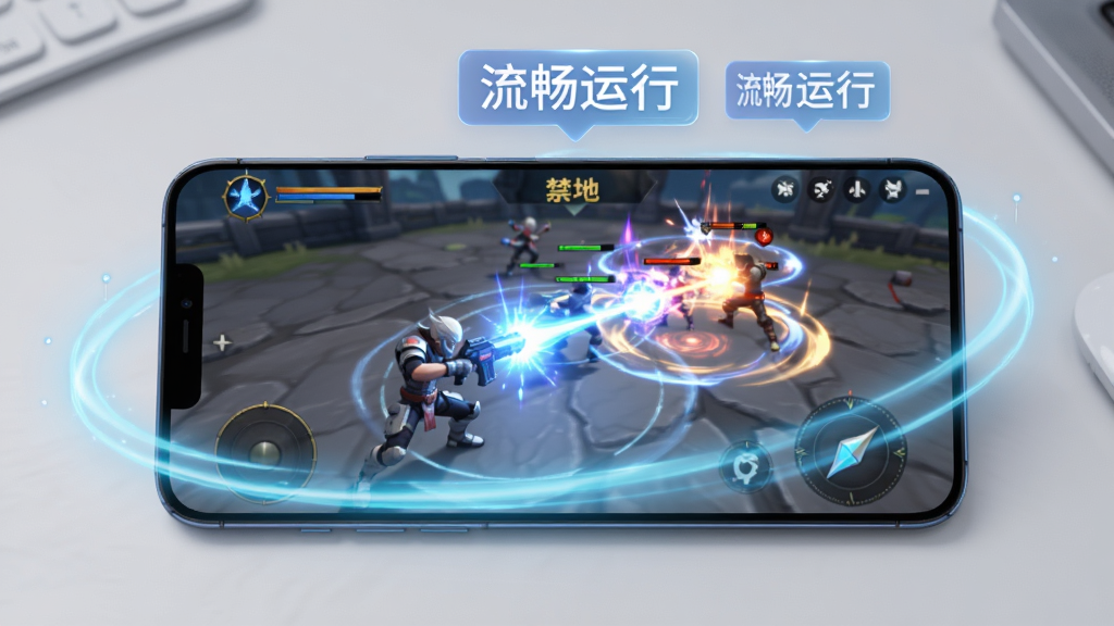 禁地之战安卓手机运行画面预览图,画面展示一部智能手机横向握持,屏幕内显示禁地之战游戏战斗场景,角色正在释放合击技能,手机周围环绕着清新的蓝色光效与“流畅运行”字样的悬浮标签,背景为干净的浅灰色桌面,画面风格为数码产品展示风,构图简洁,画质清晰,无多余元素