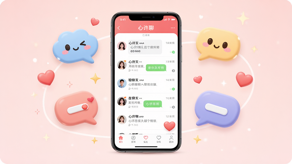 心许聊聊天交友软件主界面展示图,画面中央摆放一部智能手机,手机屏幕显示心许聊APP的聊天列表和底部导航栏,周围环绕着可爱的聊天气泡图标和爱心元素,背景为浅粉色渐变,整体风格清新温暖,排版居中对称,细节丰富,画质高清,干净无多余元素