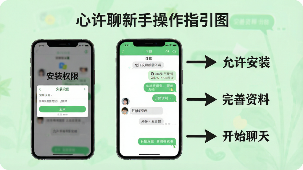 心许聊新手操作指引图,画面中手机屏幕显示安装权限设置界面和聊天主页面,旁边有箭头和文字标注「允许安装」「完善资料」「开始聊天」,背景为浅绿色,风格清新,排版清晰,细节丰富,画质高清,干净无多余元素