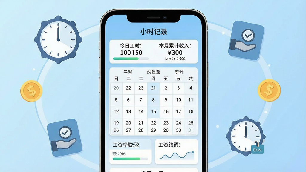 一张手机屏幕展示小时工记工考勤软件主界面,画面中央是日历式工时记录面板,上方显示今日工时与本月累计收入,背景为浅蓝色渐变,手机周围环绕时钟图标、考勤打卡符号与金币元素,整体布局清晰整洁,风格为扁平化商务插画,细节包含日期数字、工时进度条、工资统计卡片,画质高清,画面干净,无多余元素