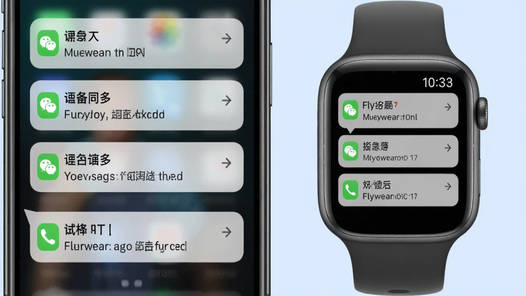 一张展示Flywear软件消息通知同步功能的场景图,画面中手机屏幕弹出多条通知气泡,旁边智能手表同步显示相同消息提醒,布局采用左右对比构图,风格为写实科技风格,细节包含微信、短信、来电等图标元素,画质清晰干净,无多余元素,背景为柔和浅蓝色