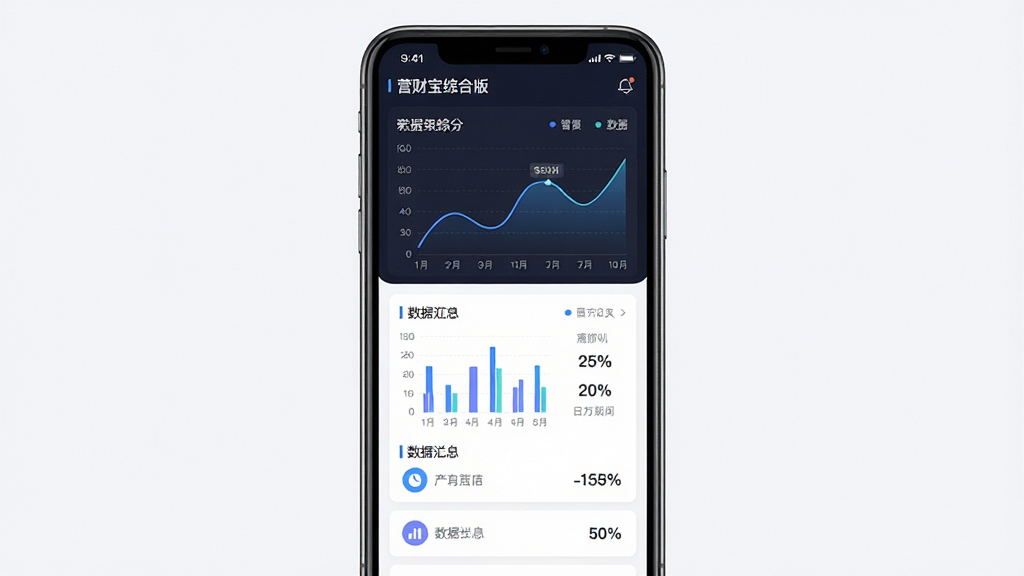 主体为营财宝综合版数据统计图表界面,布局为手机屏幕居中展示,排版采用卡片式布局,上方为趋势折线图,下方为数据汇总列表,风格为现代简约商务风,细节包含柱状图、百分比数字、日期标签、统计图标等,画面干净清晰,画质高清,图中文字标注“营财宝综合版”,无多余装饰