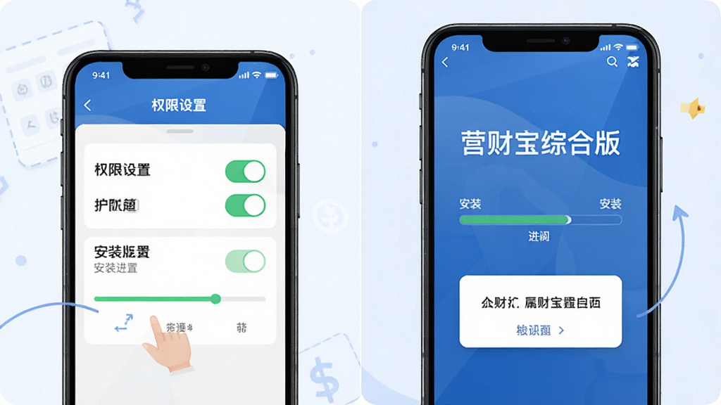 主体为营财宝综合版安装与权限设置操作指引图,布局为左右分栏,左侧为手机权限设置界面,右侧为软件启动界面,排版清晰有序,风格为扁平化教程插画,细节包含权限开关按钮、安装进度条、提示弹窗等元素,画面干净整洁,画质高清,图中文字标注“营财宝综合版”,无多余装饰元素