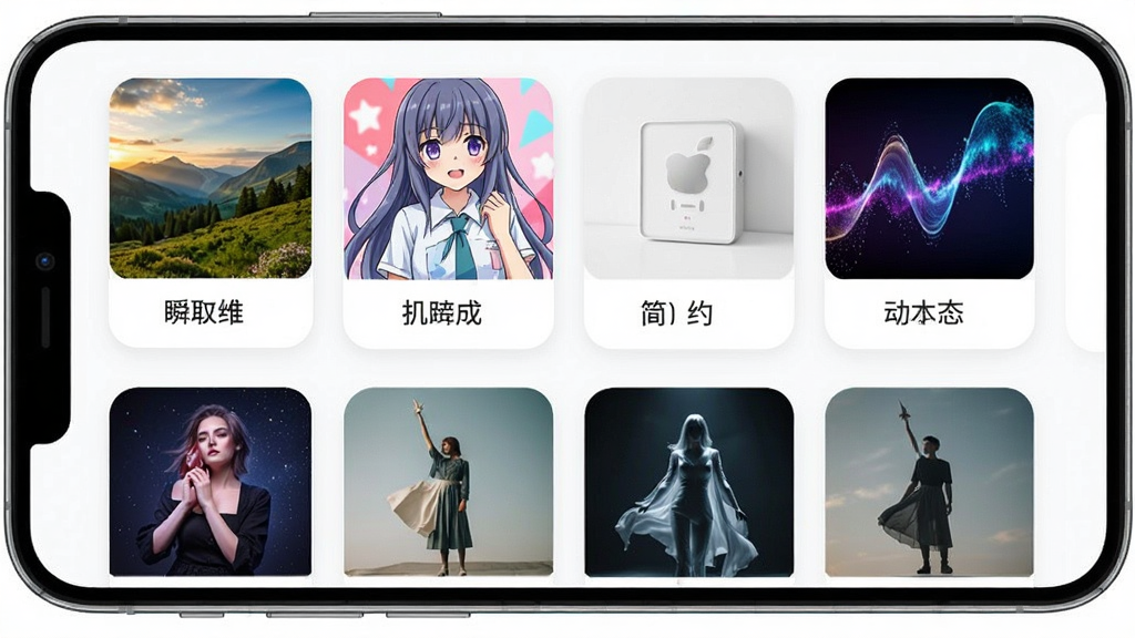 一张展示瞬秀壁纸分类浏览界面的手机截图,手机屏幕内呈现多个壁纸分类卡片,包括风景、动漫、简约、动态、明星等,每个卡片配有代表性缩略图。背景为白色,卡片采用圆角设计,整体排版整齐,风格清爽,画质清晰,无多余元素。